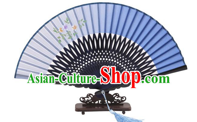 Traditional Chinese Crafts Hand Painting Flowers Folding Fan, China Handmade Blue Silk Bamboo Fans for Women