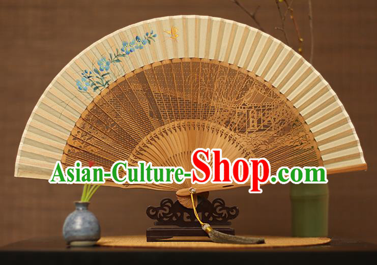 Traditional Chinese Crafts Hand Painting Blue Flower Silk Folding Fan, China Handmade Hollow Out Bamboo Fans for Women