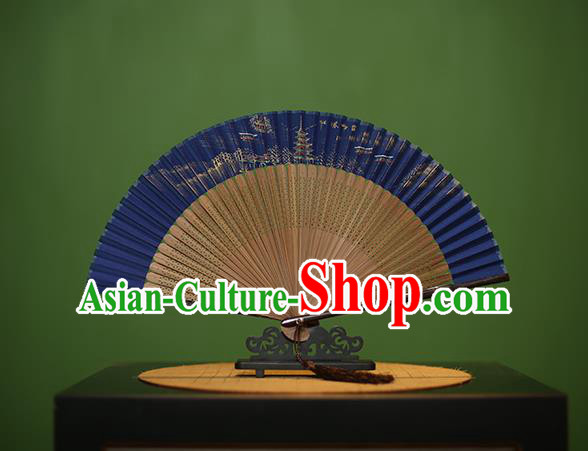 Traditional Chinese Crafts Hand Painting Leifeng Pagoda Blue Silk Folding Fan, China Handmade Bamboo Fans for Women