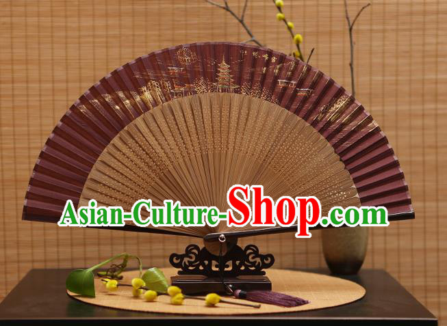 Traditional Chinese Crafts Hand Painting Leifeng Pagoda Amaranth Silk Folding Fan, China Handmade Bamboo Fans for Women