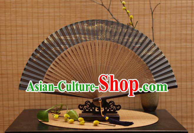 Traditional Chinese Crafts Hand Painting Leifeng Pagoda Grey Silk Folding Fan, China Handmade Bamboo Fans for Women