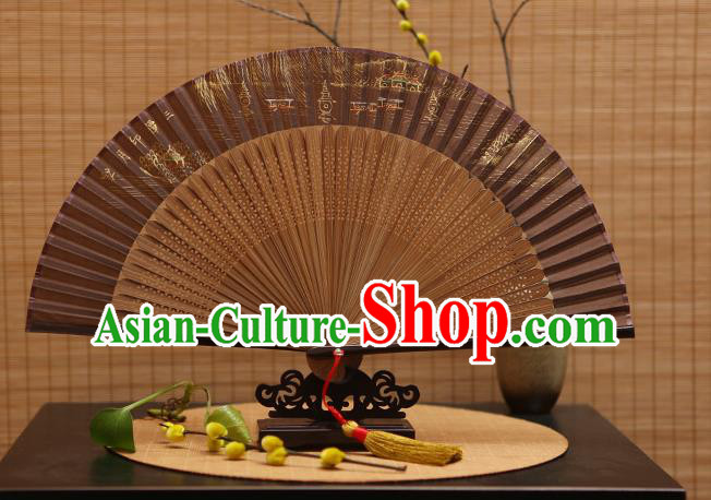 Traditional Chinese Crafts Hand Painting West Lake Brown Silk Folding Fan, China Handmade Bamboo Fans for Women