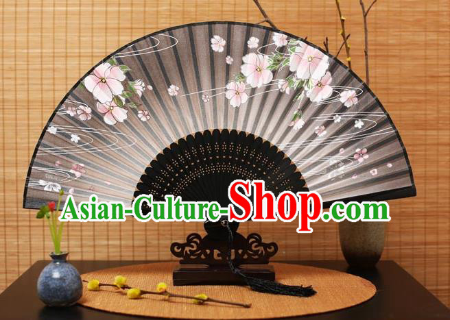 Traditional Chinese Crafts Printing Flowers Black Folding Fan, China Handmade Bamboo Fans for Women