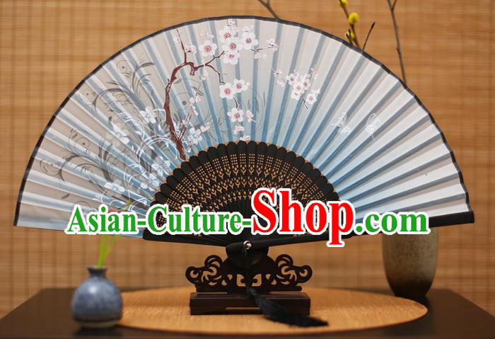 Traditional Chinese Crafts Printing Plum Blossom Blue Folding Fan, China Handmade Bamboo Fans for Women