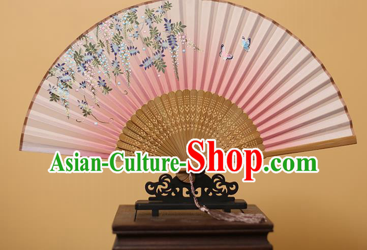 Traditional Chinese Crafts Printing Wisteria Pink Folding Fan, China Handmade Bamboo Fans for Women