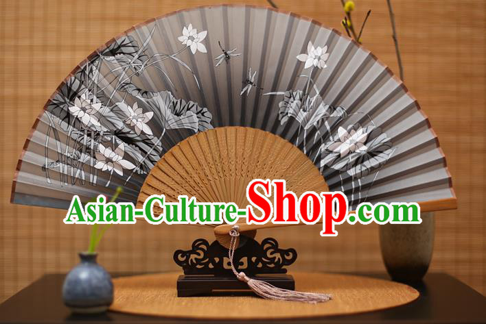 Traditional Chinese Crafts Printing Lotus Grey Folding Fan, China Handmade Bamboo Fans for Women