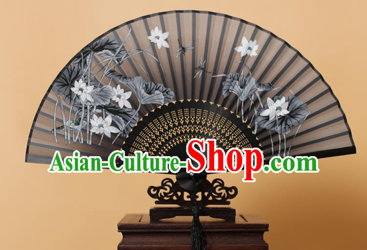 Traditional Chinese Crafts Printing Lotus Black Folding Fan, China Handmade Bamboo Fans for Women