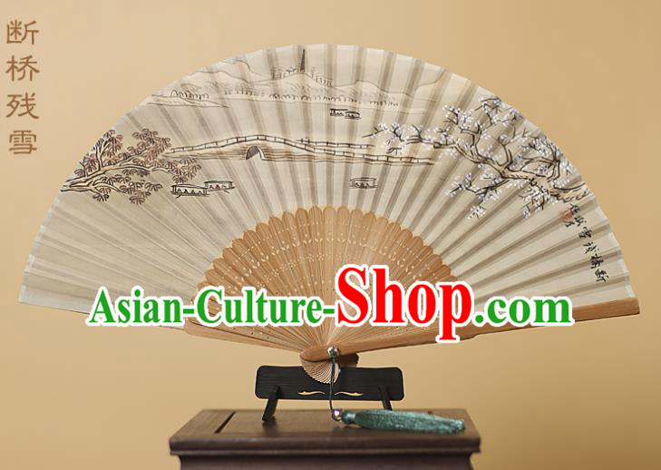 Traditional Chinese Crafts Printing Melting Snow at Broken Bridge Silk Folding Fan, China Handmade Bamboo Fans for Women