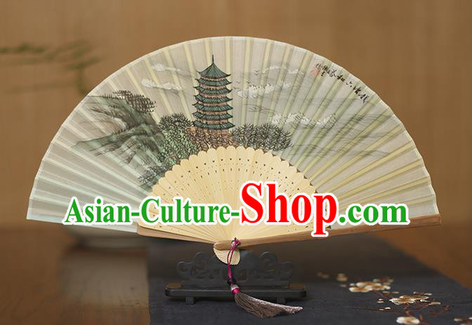 Traditional Chinese Crafts Printing Pagoda Silk Folding Fan, China Handmade Bamboo Fans for Women