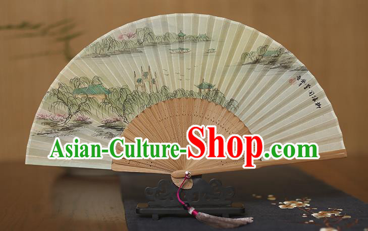 Traditional Chinese Crafts Printing Silk Folding Fan, China Handmade Bamboo Fans for Women