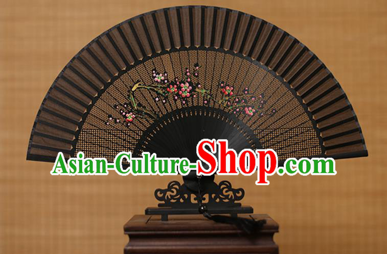 Traditional Chinese Crafts Hand Painting Wintersweet Folding Fan, China Handmade Black Silk Fans for Women