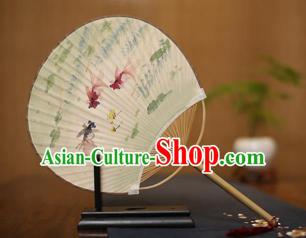 Traditional Chinese Crafts Ink Painting Goldfish Paper Fan, China Palace Fans Princess Round Fans for Women