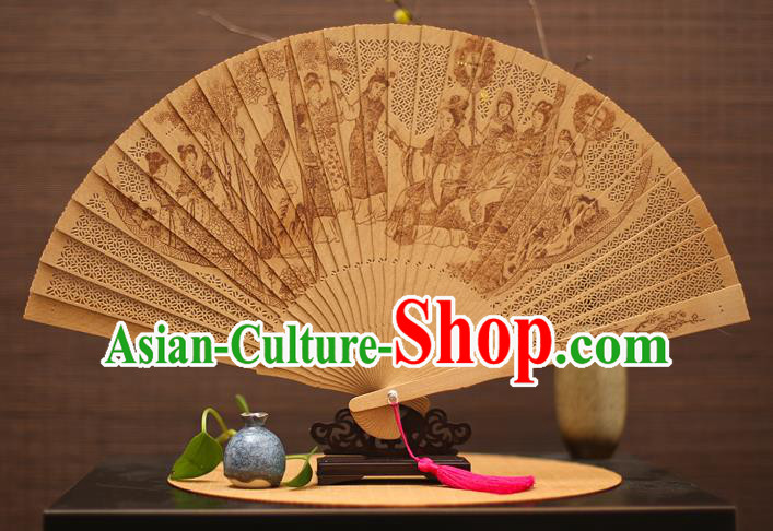 Traditional Chinese Crafts Sandalwood Folding Fan, China Handmade Hollow Out A Dream in Red Mansions Incienso Fans for Women