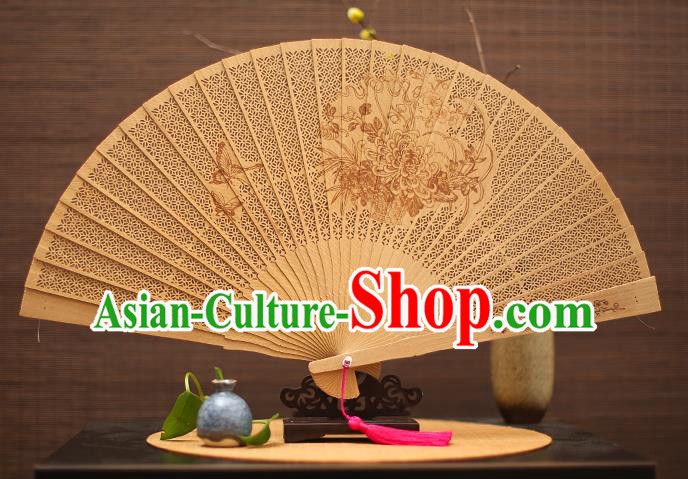 Traditional Chinese Crafts Sandalwood Folding Fan, China Handmade Hollow Out Chrysanthemum Incienso Fans for Women