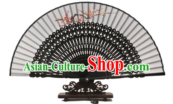 Traditional Chinese Crafts Grey Silk Folding Fan, China Handmade Printing Plum Blossom Fans for Women