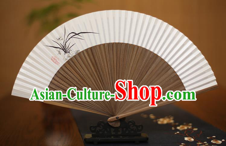 Traditional Chinese Crafts Printing Orchid Folding Fan, China Handmade Xuan Paper Fans for Women