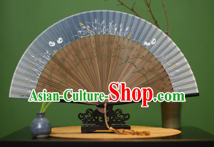 Traditional Chinese Crafts Printing Orchid Classical Folding Fan, China Handmade Blue Silk Fans for Women