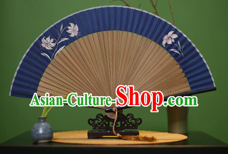 Traditional Chinese Crafts Printing Flowers Classical Folding Fan, China Handmade Blue Silk Fans for Women