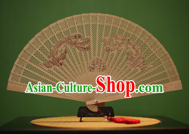 Traditional Chinese Crafts Sandalwood Folding Fan, China Handmade Carving Phoenix Peony Incienso Fans for Women