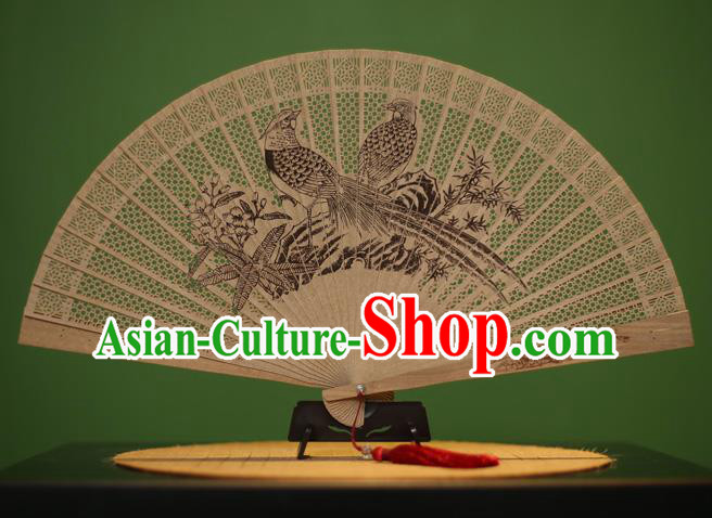 Traditional Chinese Crafts Sandalwood Folding Fan, China Handmade Carving Birds Incienso Fans for Women