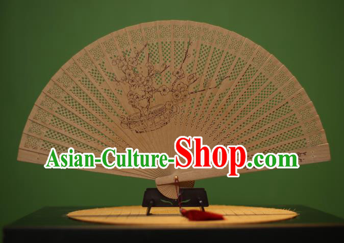 Traditional Chinese Crafts Sandalwood Folding Fan, China Handmade Carving Plum Blossom Incienso Fans for Women