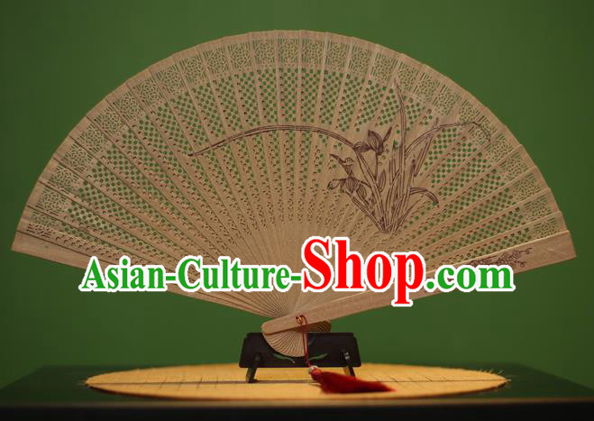 Traditional Chinese Crafts Sandalwood Folding Fan, China Handmade Carving Orchid Incienso Fans for Women