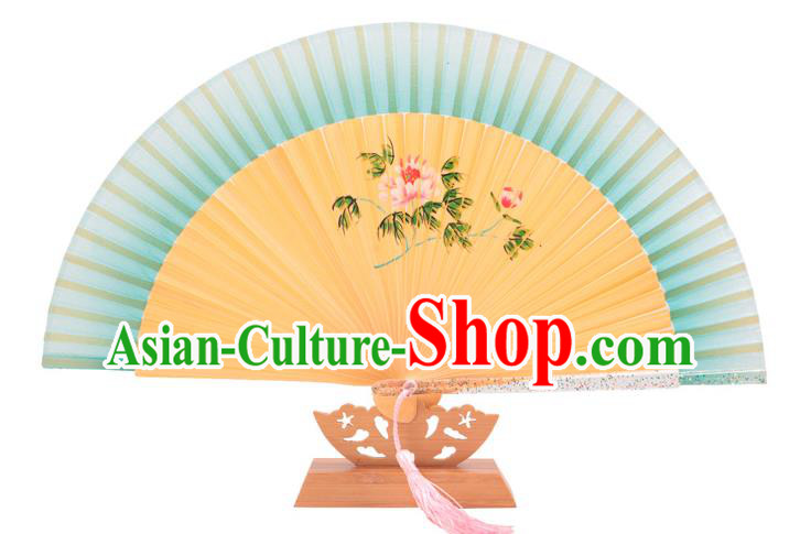 Traditional Chinese Crafts Green Silk Folding Fan, China Handmade Printing Peony Bamboo Fans for Women