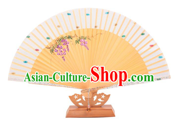 Traditional Chinese Crafts White Silk Folding Fan, China Handmade Printing Wisteria Bamboo Fans for Women