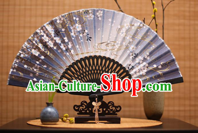 Traditional Chinese Crafts Printing Flowers Classical Folding Fan, China Handmade Navy Silk Fans for Women