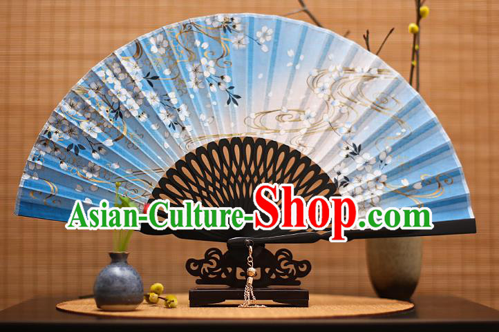 Traditional Chinese Crafts Printing Flowers Classical Folding Fan, China Handmade Blue Silk Fans for Women