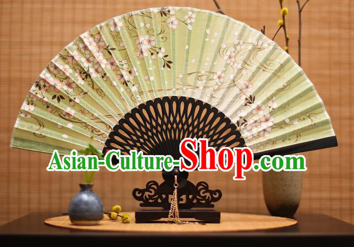 Traditional Chinese Crafts Printing Flowers Classical Folding Fan, China Handmade Green Silk Fans for Women