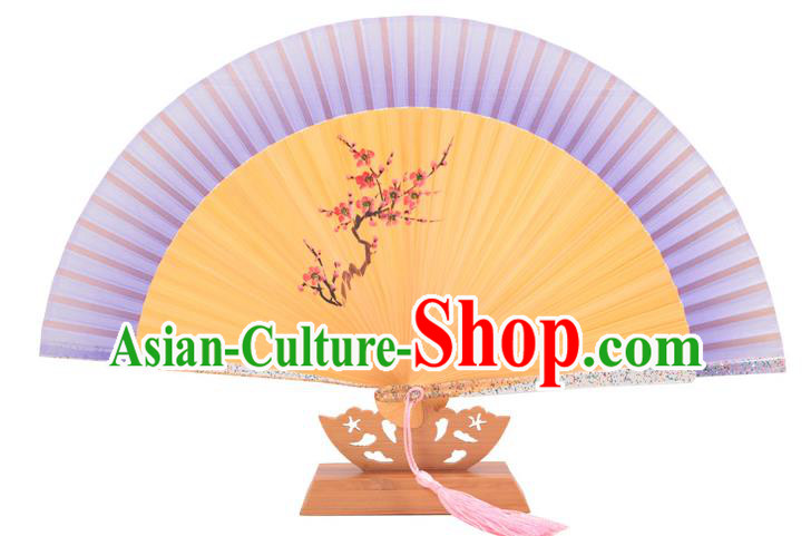 Traditional Chinese Crafts Purple Silk Folding Fan, China Handmade Printing Wintersweet Bamboo Bone Fans for Women