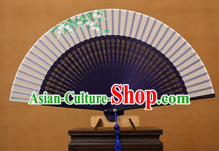 Traditional Chinese Crafts Printing Flowers Classical Folding Fan, China Handmade Navy Bamboo Silk Fans for Women