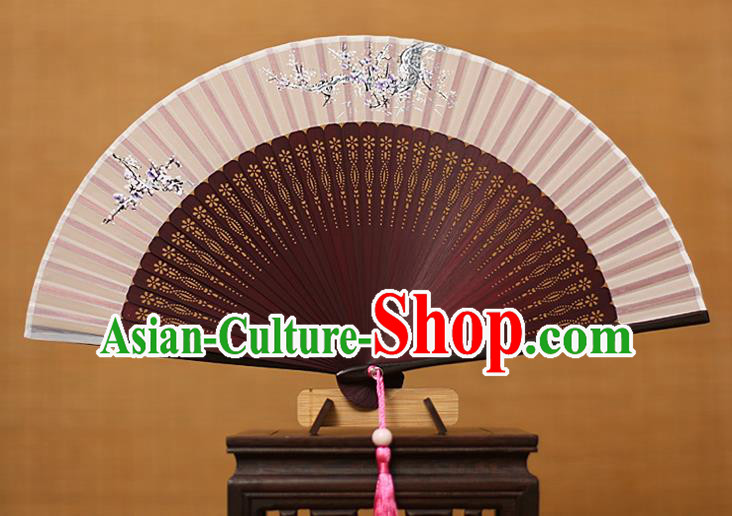 Traditional Chinese Crafts Printing Flowers Classical Folding Fan, China Handmade Wine Red Bamboo Silk Fans for Women