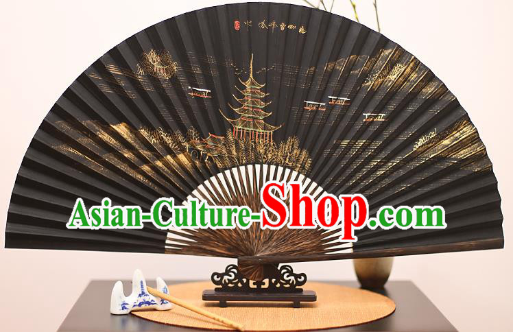 Traditional Chinese Crafts Printing Leifeng Pagoda Mulberry Paper Folding Fan, China Handmade Bamboo Palm Fans for Men
