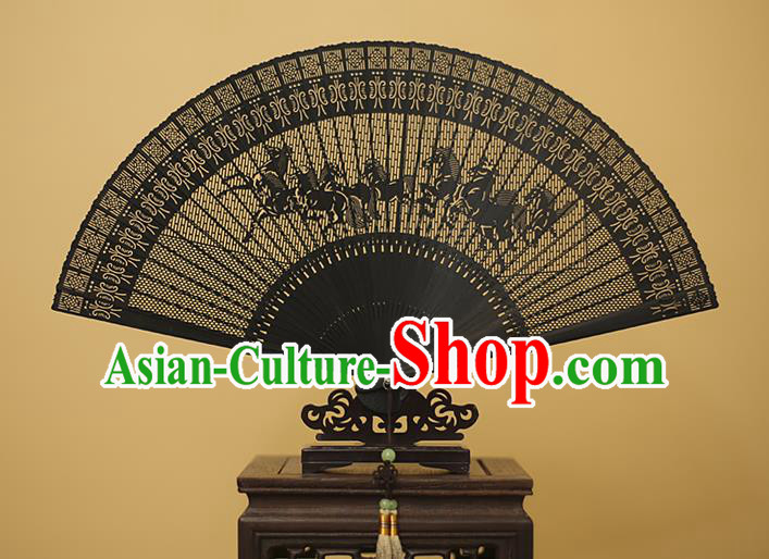 Traditional Chinese Crafts Hollow Out Horse Folding Fan, China Handmade Sandalwood Black Fans for Women