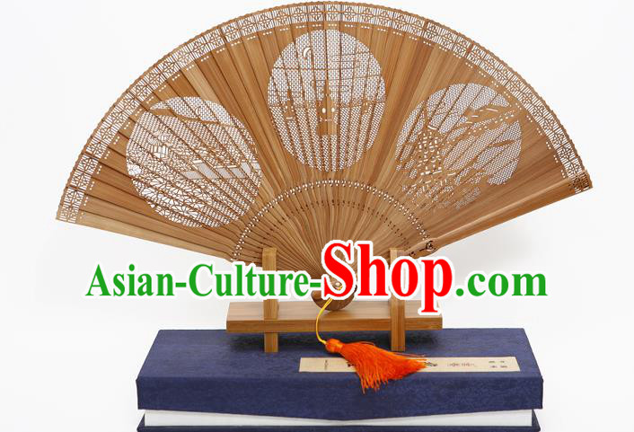 Traditional Chinese Crafts Hollow Out West Lake Folding Fan, China Handmade Sandalwood Fans for Women