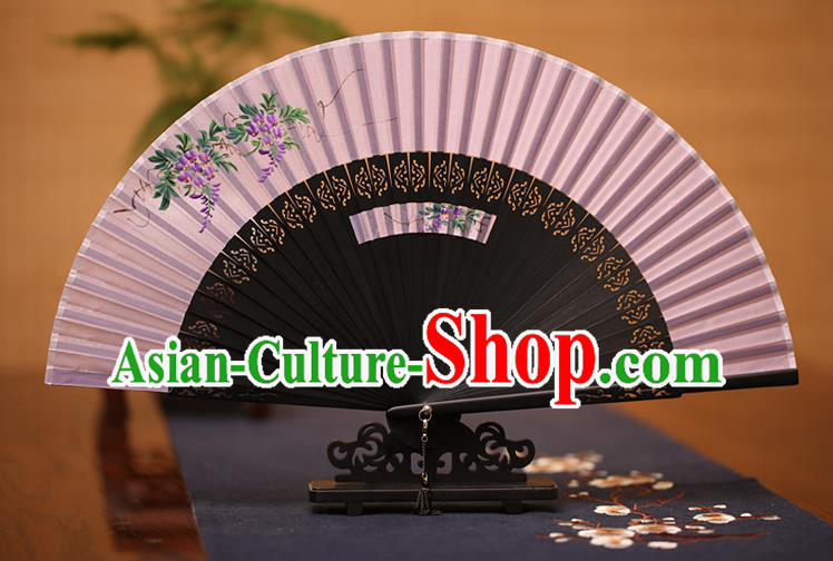 Traditional Chinese Crafts Printing Wisteria Folding Fan, China Handmade Classical Lilac Silk Fans for Women