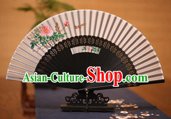 Traditional Chinese Crafts Printing Peony Folding Fan, China Handmade Classical Grey Silk Fans for Women