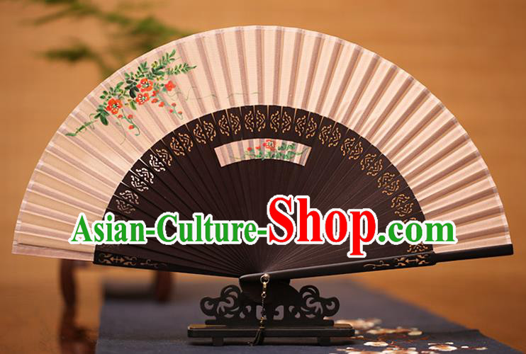 Traditional Chinese Crafts Printing Flowers Folding Fan, China Handmade Classical Silk Fans for Women