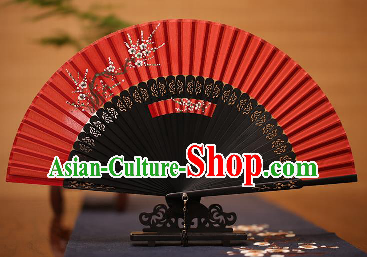 Traditional Chinese Crafts Printing Plum Blossom Folding Fan, China Handmade Classical Red Silk Fans for Women