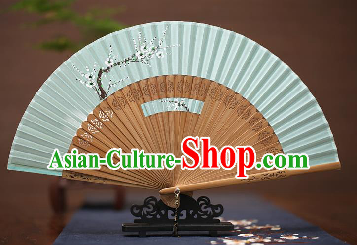 Traditional Chinese Crafts Printing Wintersweet Folding Fan, China Handmade Classical Green Silk Fans for Women