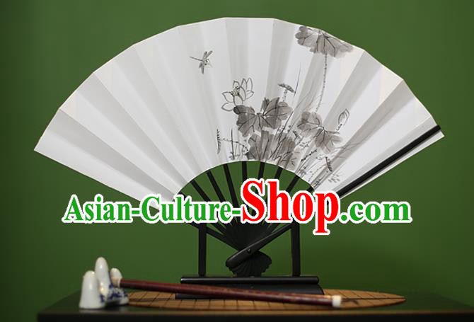 Traditional Chinese Crafts Ink Painting Lotus Paper Folding Fan, China Handmade Classical Fans for Women