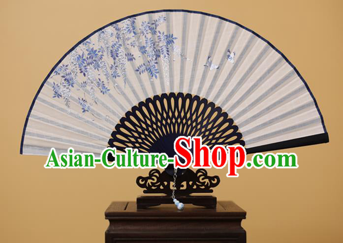 Traditional Chinese Crafts Printing Wisteria Folding Fan, China Handmade Classical White Fans for Women