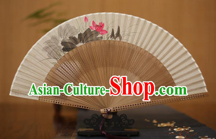 Traditional Chinese Crafts Printing Lotus Folding Fan, China Handmade Classical Silk Pierced Fans for Women