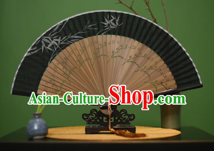 Traditional Chinese Crafts Printing Bamboo Black Linen Folding Fan, China Handmade Classical Fans for Women