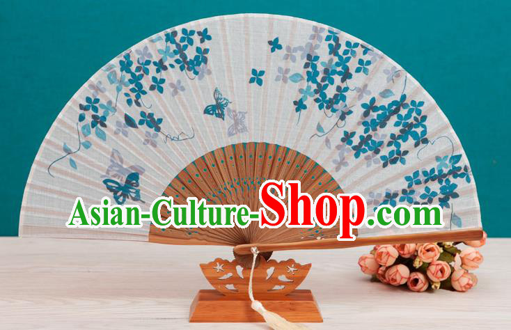 Traditional Chinese Crafts Printing Butterfly Flowers Linen Folding Fan, China Handmade Classical Fans for Women