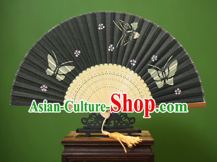 Traditional Chinese Crafts Printing Butterfly Folding Fan, China Handmade Classical Black Silk Fans for Women