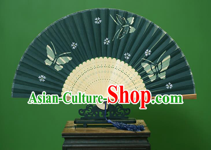 Traditional Chinese Crafts Printing Butterfly Folding Fan, China Handmade Classical Green Silk Fans for Women