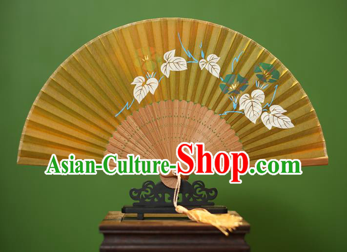 Traditional Chinese Crafts Printing Morning Glory Folding Fan, China Handmade Classical Yellow Silk Fans for Women